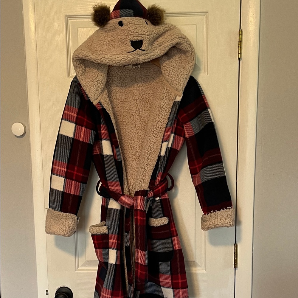 Artisan Ny Red, Black and White Plaid Sherpa-Lined Hooded Robe with Bear Ears